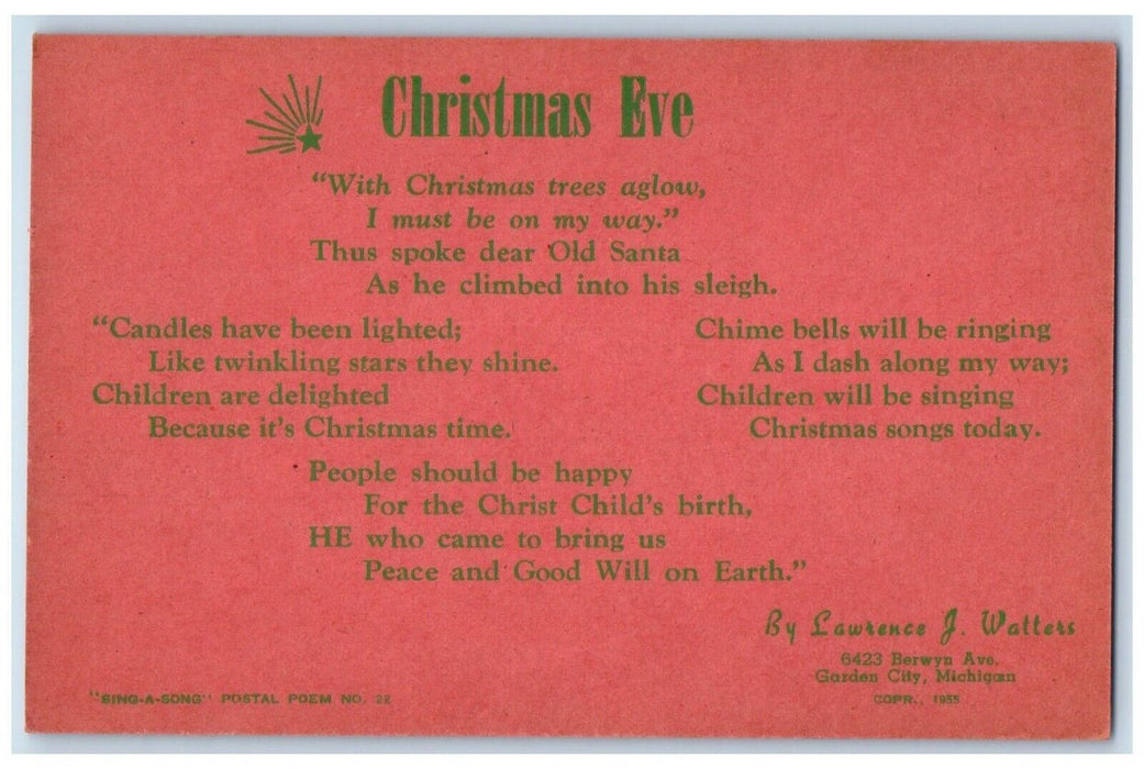 1955 Christmas Eve Sing-A-Song Postal Poem Bugloss Garden City Michigan Postcard