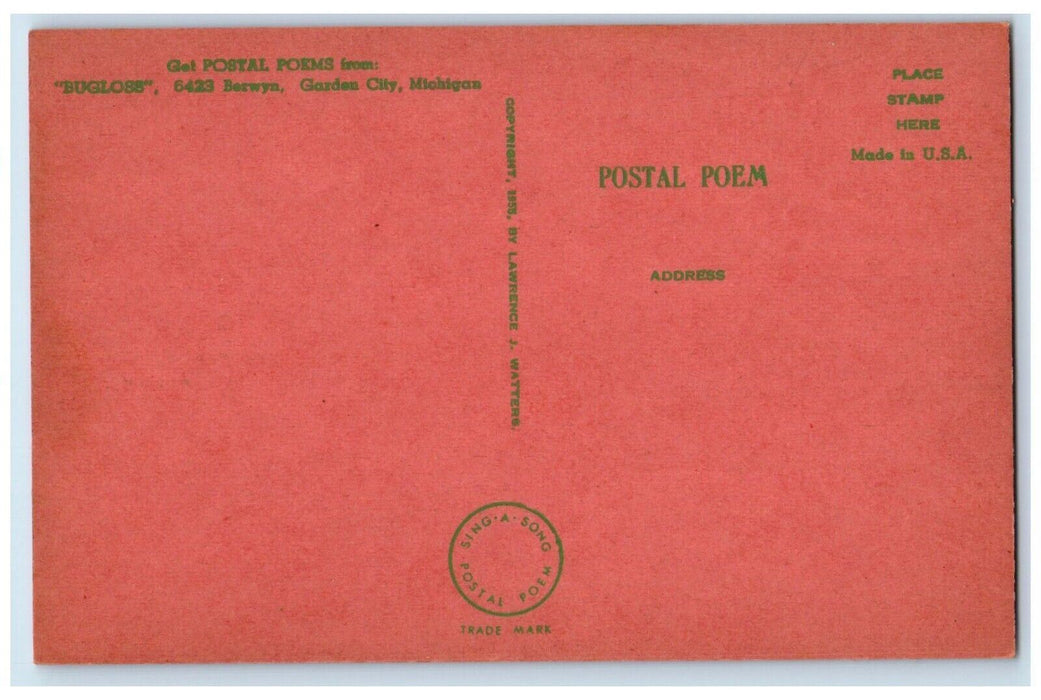 1955 Christmas Eve Sing-A-Song Postal Poem Bugloss Garden City Michigan Postcard