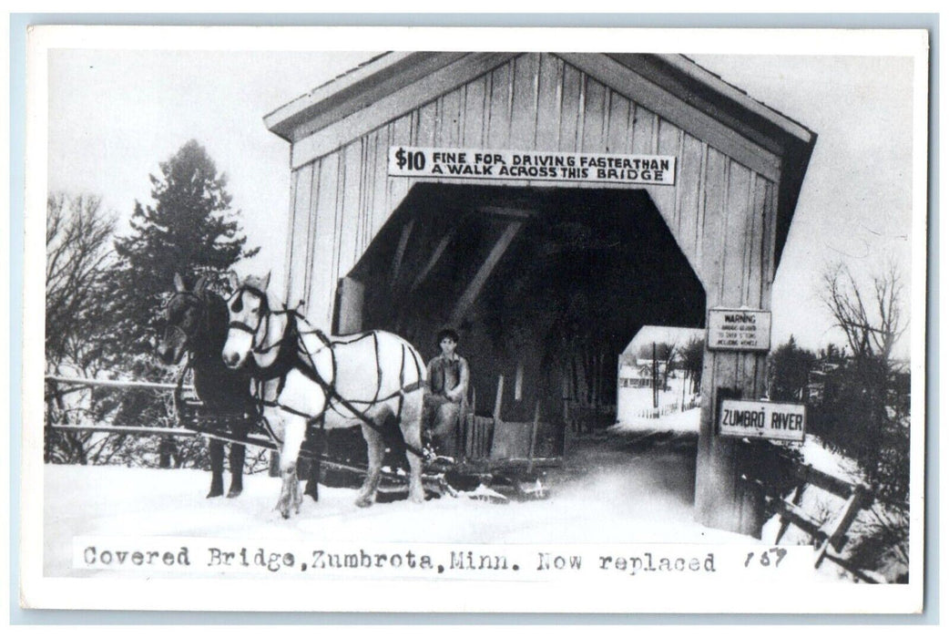 c1940 Covered Bridge Horse Carriage Zumbro River Zumbrota Minnesota MN Postcard