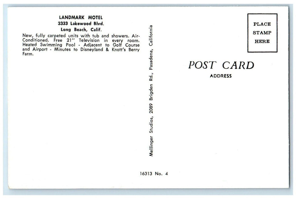 c1960 Landmark Motel Lakewood Boulevard Pool Long Beach California CA Postcard