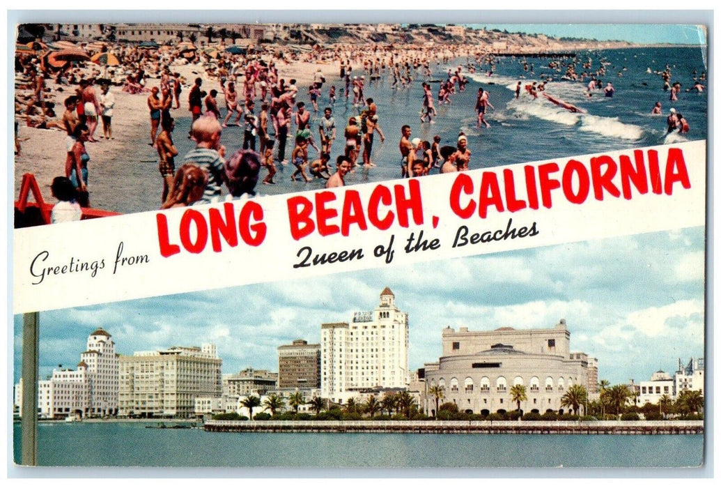 c1960 Greetings Hello Queen Beaches Long Beach California Large Letters Postcard