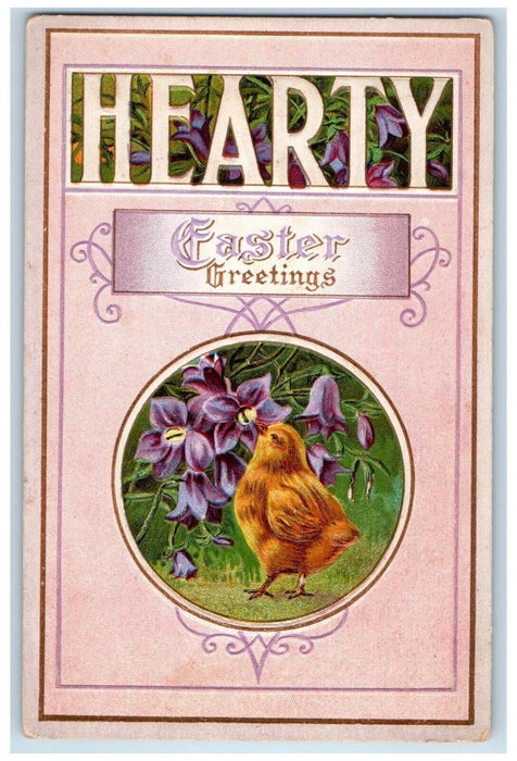 c1910's Easter Greetings Chick Purple Flowers Embossed Posted Antique Postcard