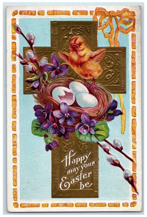 1910 Easter Holy Cross Egg Nest Chick Flowers Pipe Berry Nash Embossed Postcard