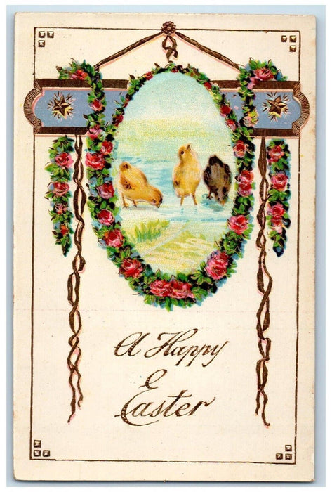 1912 Happy Easter Flowers And Chicks Gel Gold Gilt Posted Antique Postcard