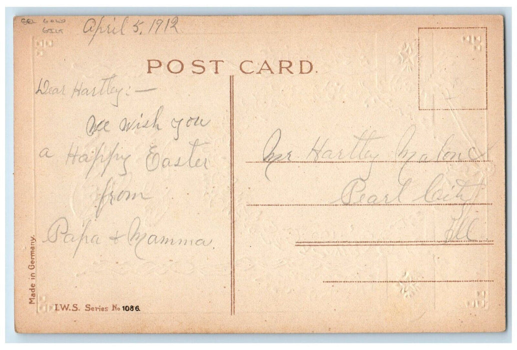 1912 Happy Easter Flowers And Chicks Gel Gold Gilt Posted Antique Postcard