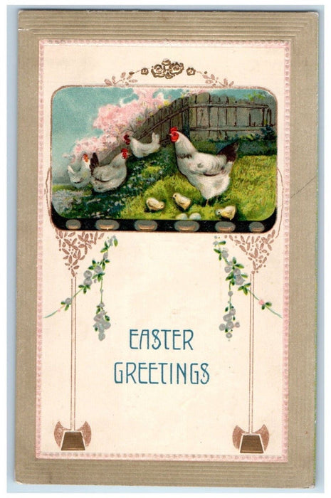 c1910's Easter Greetings Chicken Hen Chicks Art Nouveau Embossed Posted Postcard