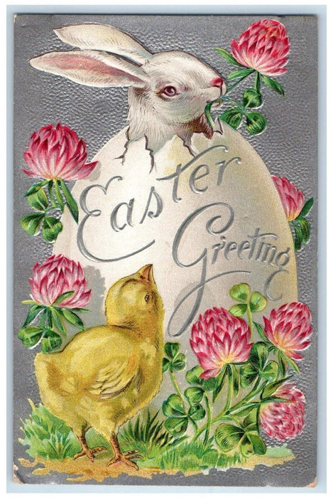 c1910's Easter Greeting Hatched Egg Rabbit Shamrock Flowers Chicks Postcard