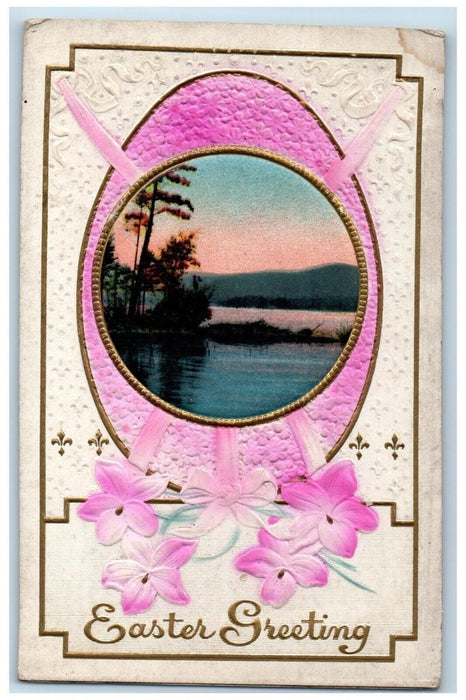 c1910's Easter Greeting Egg Flowers Lake View Airbrushed Antique Postcard