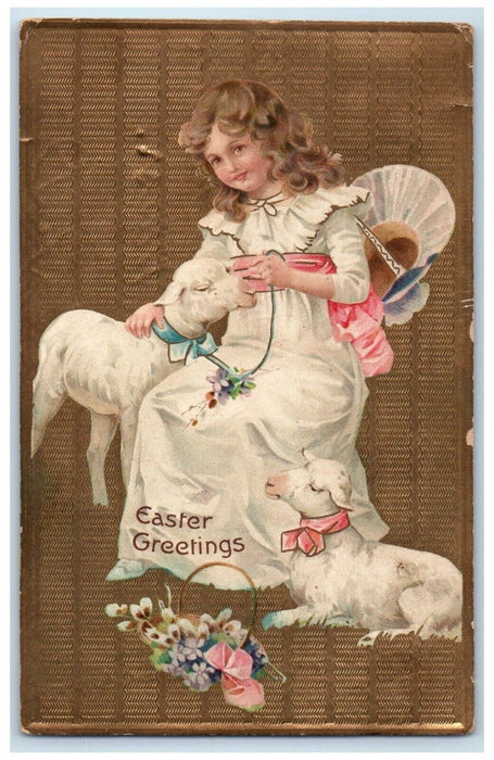 1911 Easter Greetings Girl And Lamb Pipe Berry Flowers Granville MA Postcard