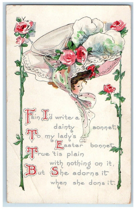 1911 Easter Woman Bonnet Flowers Embossed Greenville New York NY Posted Postcard