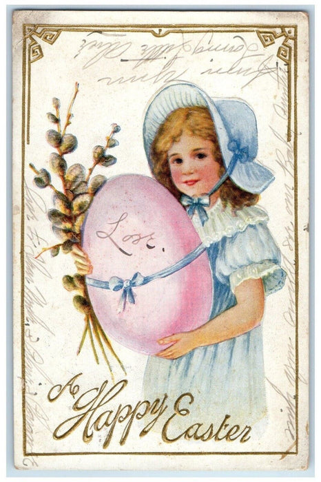 1911 Easter Girl Holding Big Egg Pipe Berry Embossed Southwick MA Postcard