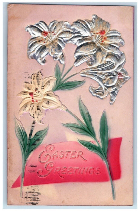 1910 Easter Greetings Lily Flowers Airbrushed Embossed Scales Mound IL Postcard