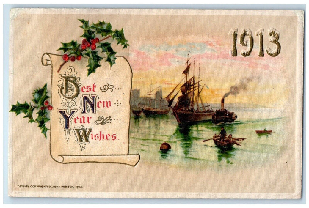 1912 New Year Holly Berries Schooner Boat Steamer John Winsch Embossed Postcard