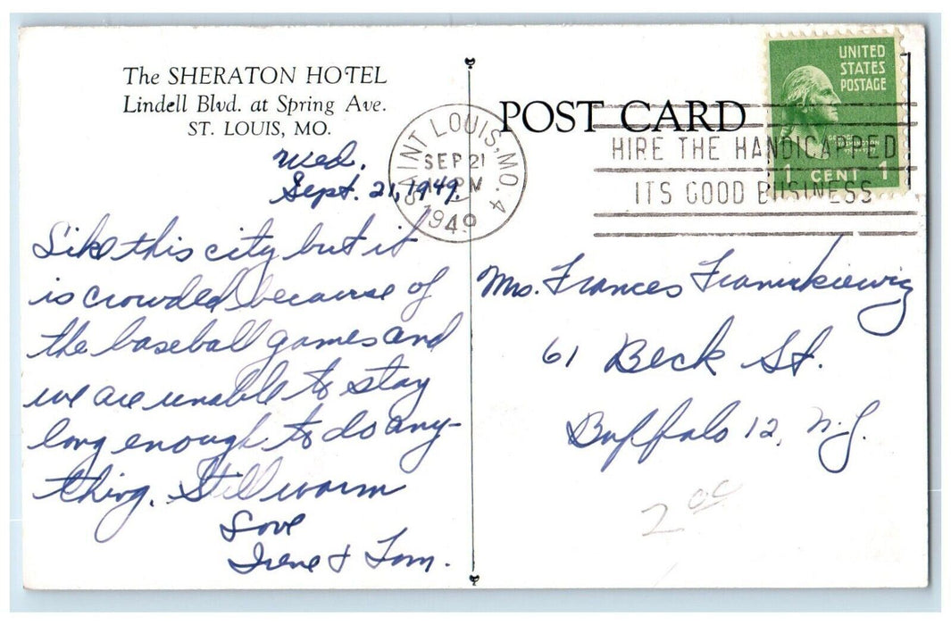 1949 Cole Hole Sheraton Hotel Counter Table St Louis Missouri Vintage Postcard