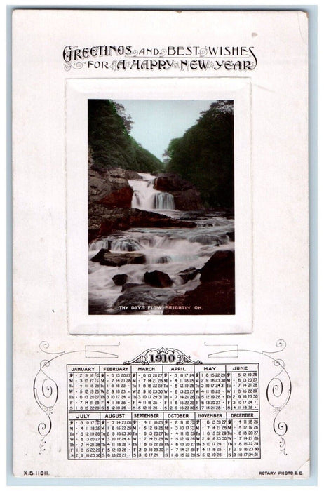 1909 New Year Greetings And Best Wishes Waterfalls Calendar Rotograph Postcard