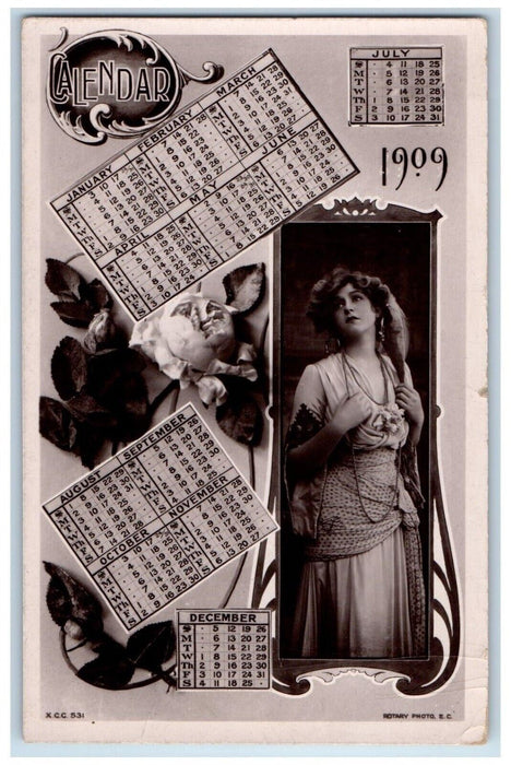 1908 Pretty Woman Flowers Calendar Dixon Illinois IL Posted Antique Postcard