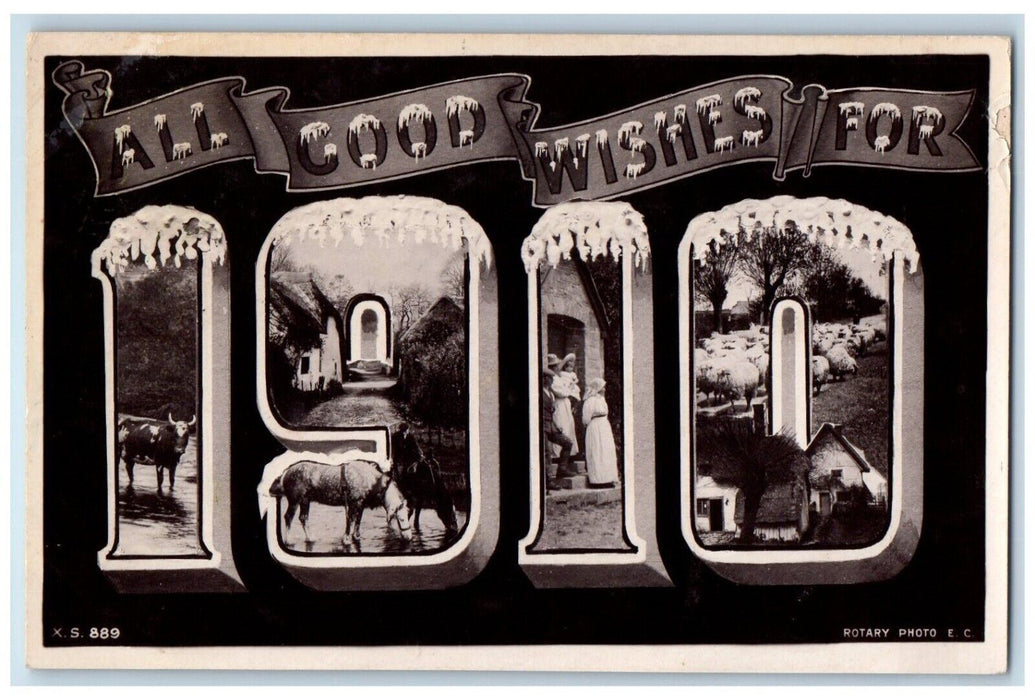 1909 All Good Wishes Large Numbers Rotograph Pawnee Illinois IL Antique Postcard