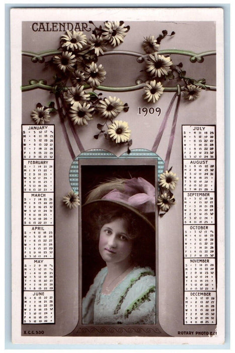 1909 Pretty Woman Big Hat Calendar Daisy Flowers Posted Antique Postcard