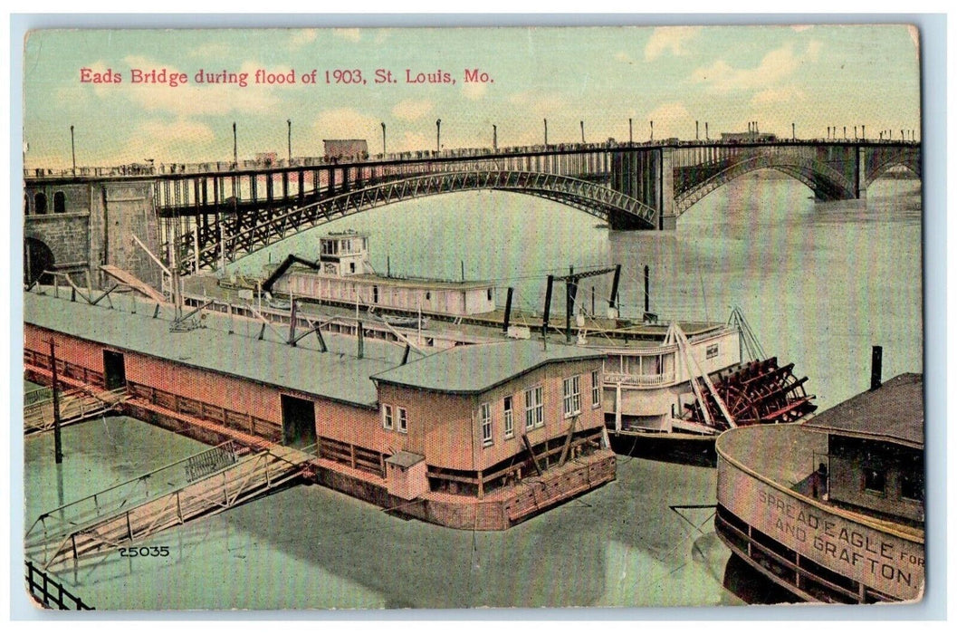 c1910 Eads Bridge During Flood Ship Pier Dock St Louis Missouri Vintage Postcard