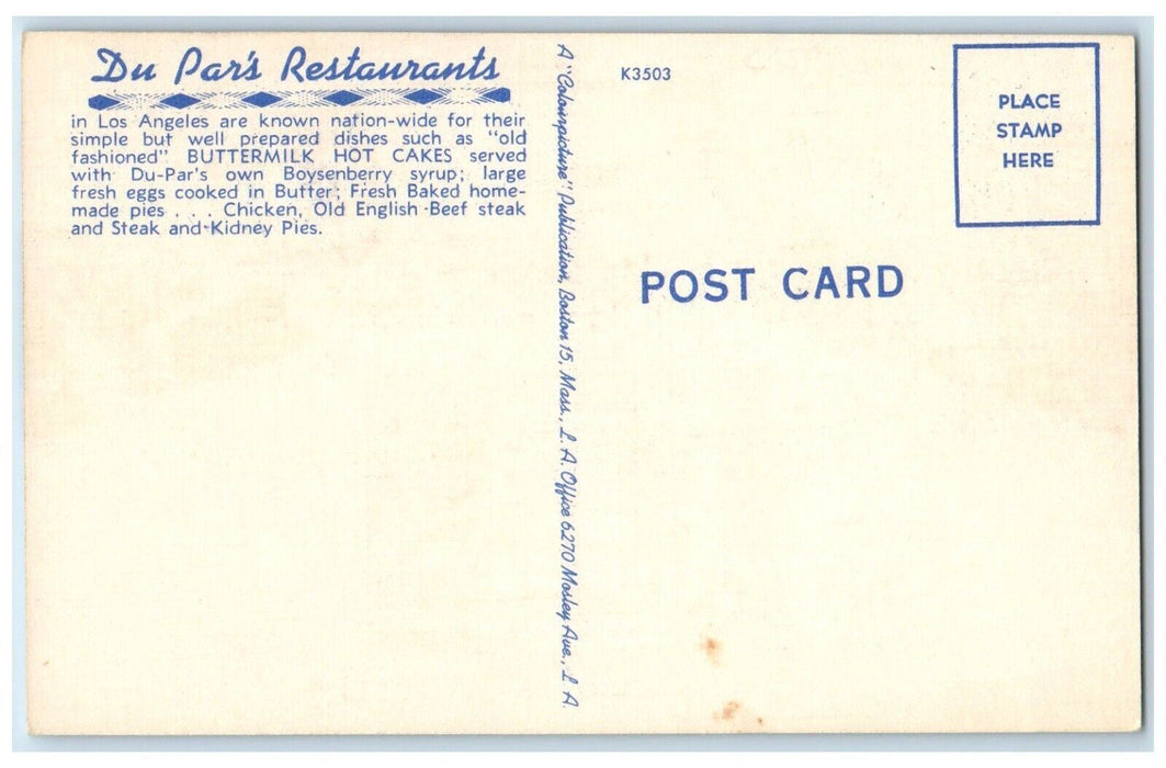 c1940 Du-Pars Restaurant Los Angeles Buttermilk Hot Cakes California CA Postcard