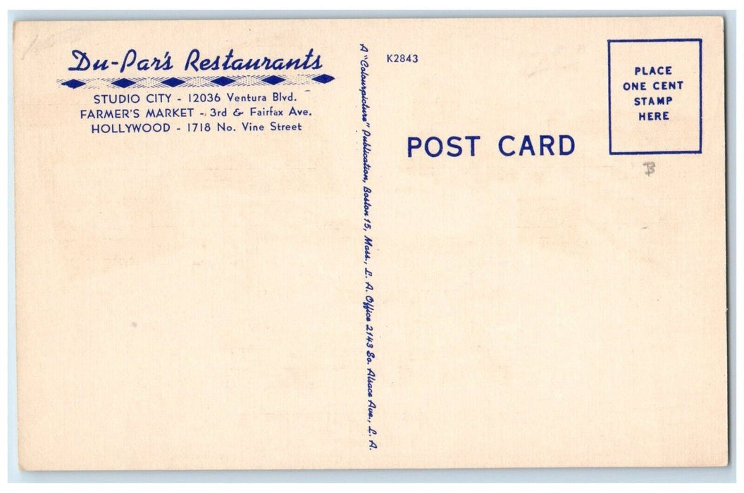 c1940 Du-Pars Restaurants Studio City Hollywood Los Angeles California Postcard