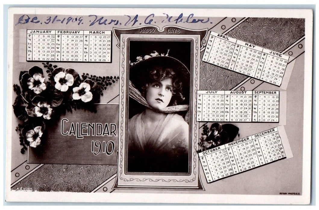 1910 Pretty Woman Big Hat Flowers Calendar Harrisburg Pennsylvania PA Postcard