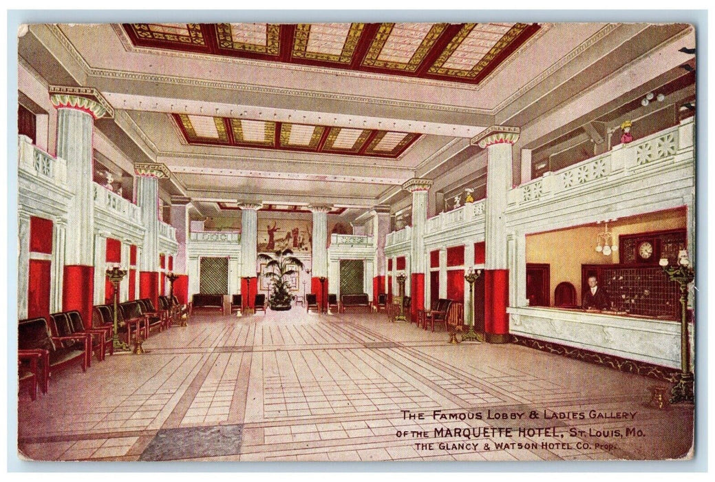 1910 Interior Lobby Ladies Gallery Marquette Hotel St Louis Missouri MO Postcard