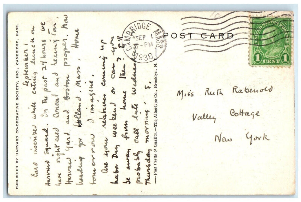 1936 Elizabeth Cary Agassiz Gateway Doorway Fay Cambridge Massachusetts Postcard