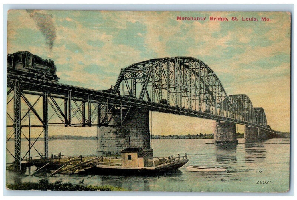 1912 Merchants Bridge Locomotive Train Boat St Louis Missouri Vintage Postcard