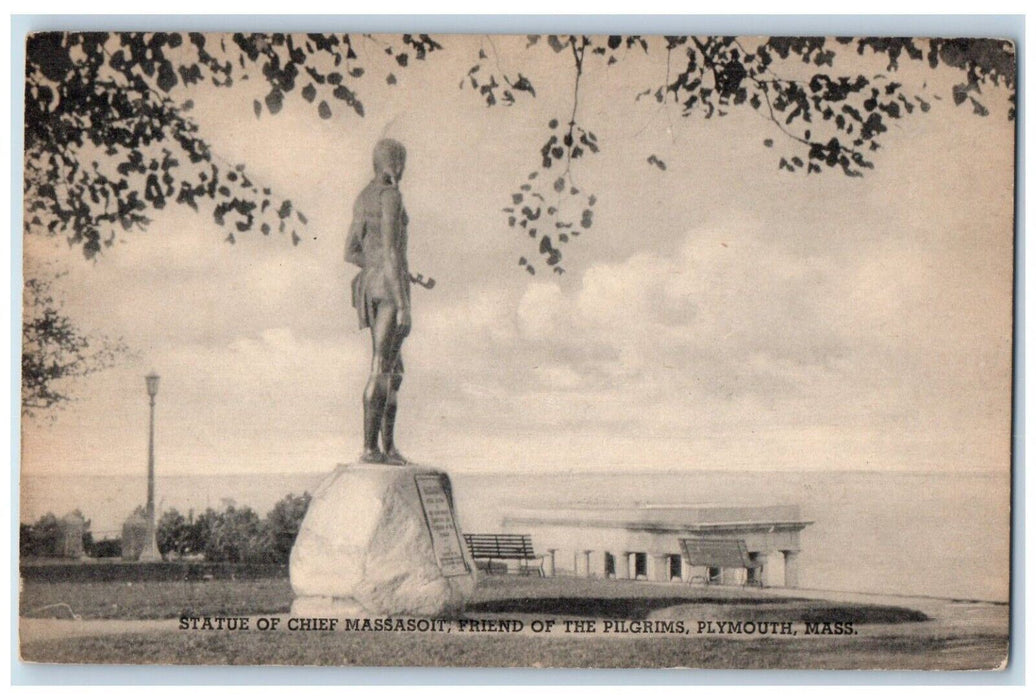 c1940 Statue Chief Massaoit Friend Pilgrims Sculpture Massachusetts MA Postcard