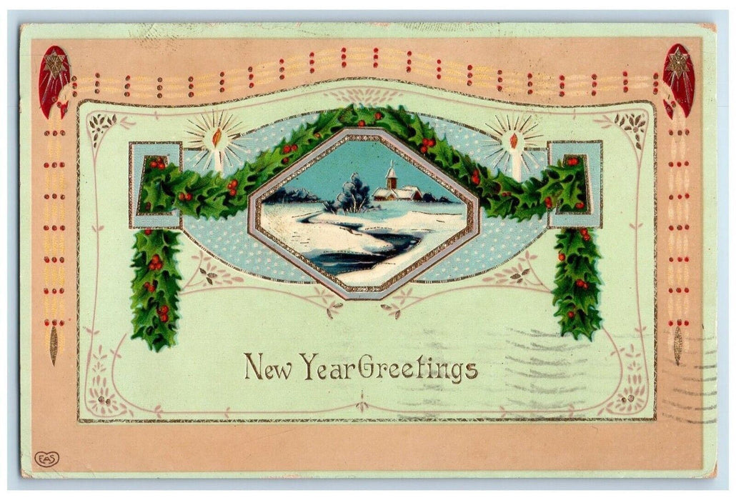 1910 New Year Greetings Berries Candles Gel Gold Gilt Burlington IA Postcard