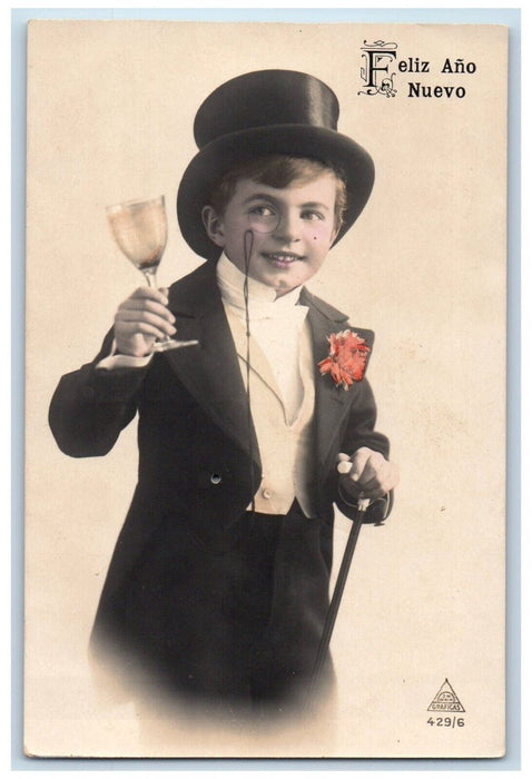 1922 Happy New Year Child Drinking Wine Graficas Posted Vintage Postcard