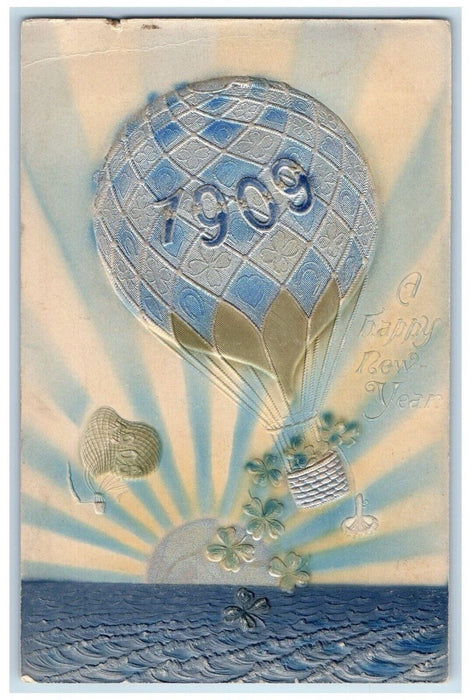 1909 Happy New Year Hot Air Balloon Shamrock Airbrushed Embossed  Postcard