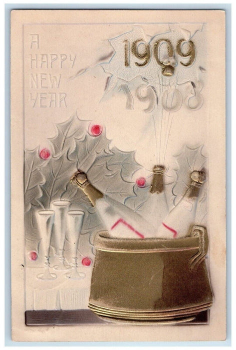 1908 Happy New Year Holy Berries Wine In Bucket Champagne Embossed Postcard