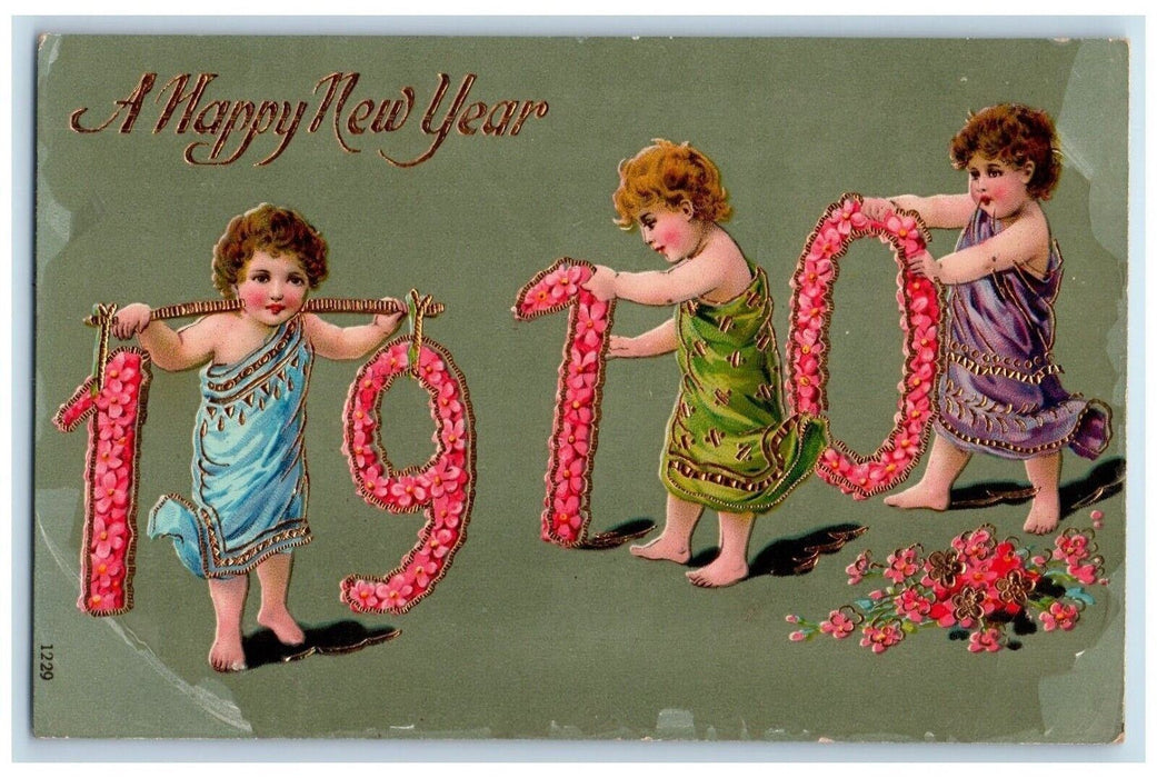 1910 New Year Children Large Numbers Flowers Gel Gold Gilt Embossed Postcard