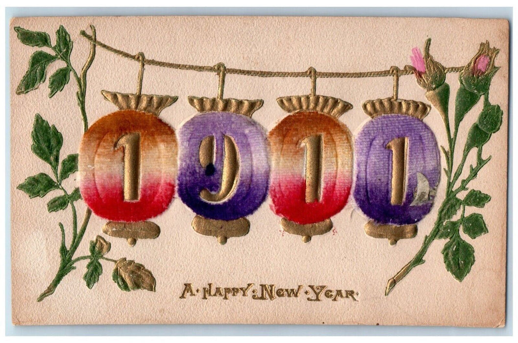 1915 New Year Christmas Decoration Felt Hanging Flowers Embossed Posted Postcard