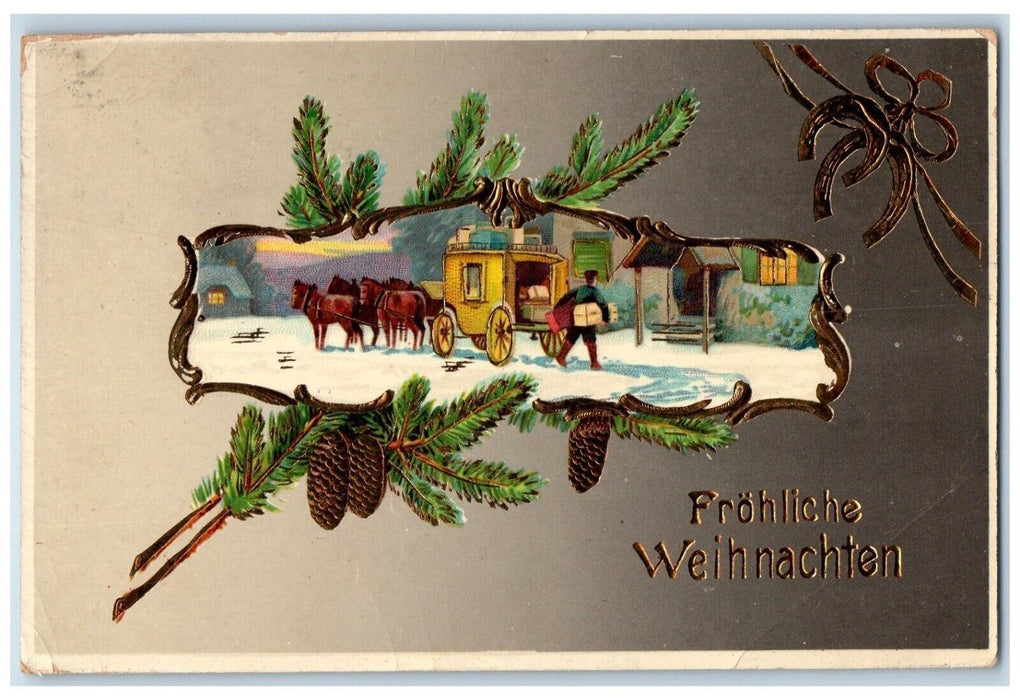 c1910's Merry Christmas Pine Cone Horse Carriage Gel Gold Gilt Embossed Postcard