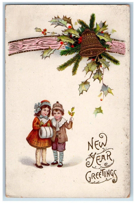 New Year Greetings Children Handwarmer Bell Berries Gel Gold Gilt Postcard