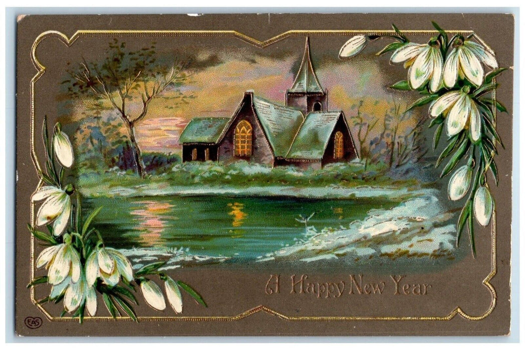 c1910's Happy New Year Flowers Church House Gel Gold Gilt Embossed Postcard