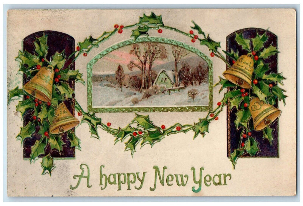 c1910's New Year Ringing Bells Holy Berries Gel Gold Gilt Embossed Postcard