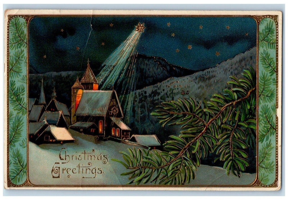 1910 Christmas Greetings House Church Winter Gel Gold Gilt Milwaukee WI Postcard