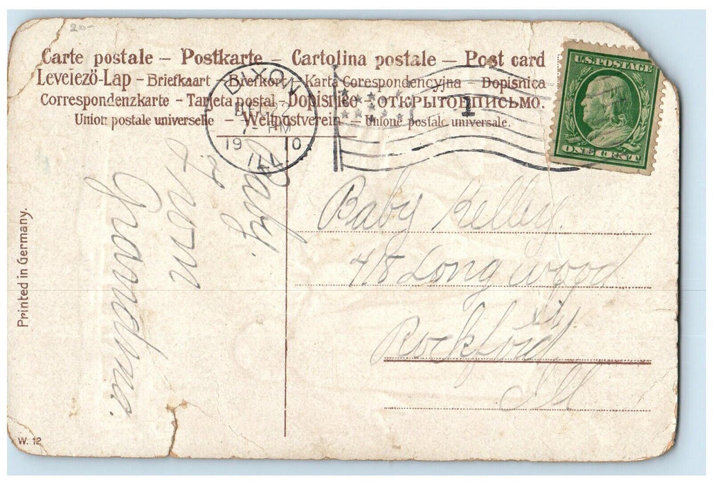 1910 Merry Christmas Girl Reindeer Sleigh Winter Dixon IL Embossed Postcard