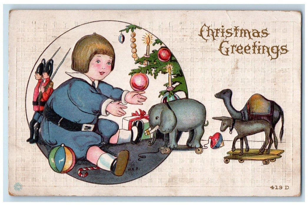 1913 Christmas Greetings Children Playing Toys Embossed Milwaukee WI Postcard