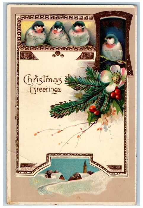 c1910s Christmas Greeting Birds Pine Leaf Flowers Berries Gel Gold Gilt Postcard