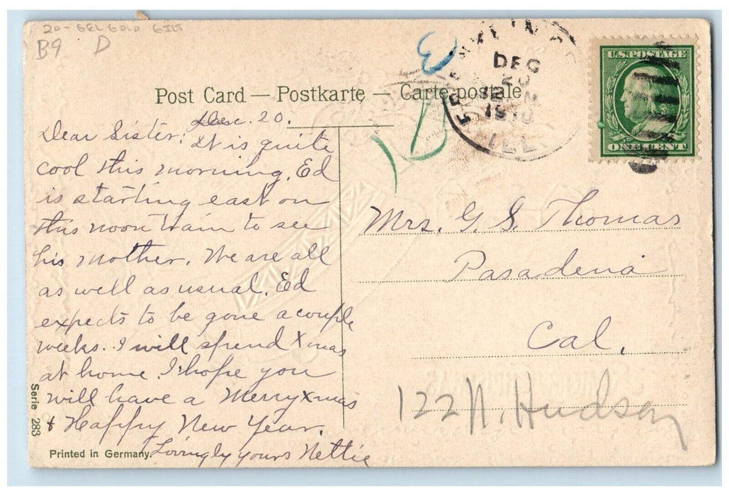 c1910's Christmas Ringing Bells Holy Berries House Winter Gel Gold Gilt Postcard