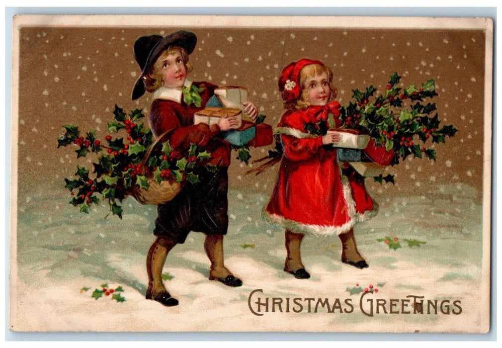 1911 Christmas Greetings Children Berries Basket Winter Marshalltown IA Postcard