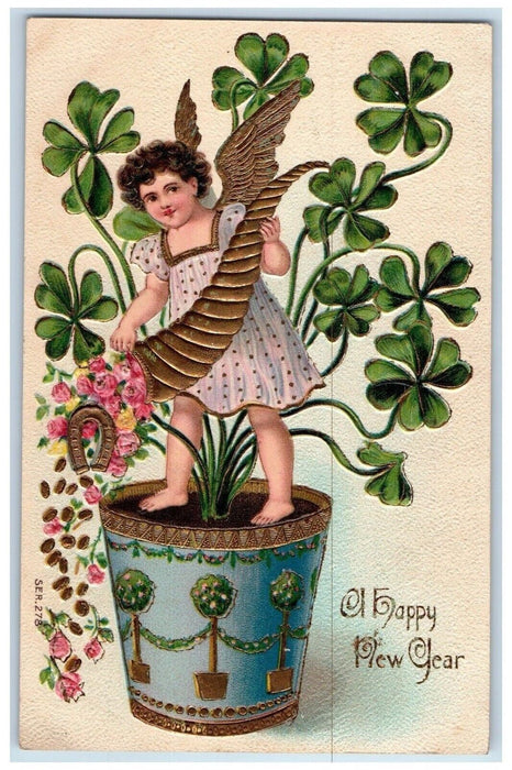 1912 Hapy New Year Angel Cornucopia Shamrock Pot Embossed Antique Postcard