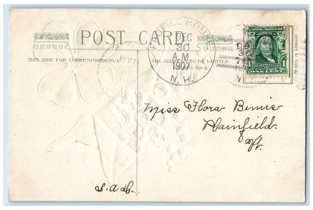 1907 New Year Shamrock White Flowers Winsch Back Profile House NH Postcard