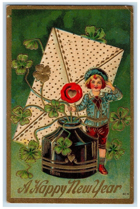 c1910's Happy New Year Boy Shamrock In Inkwell Envelop Embossed Antique Postcard