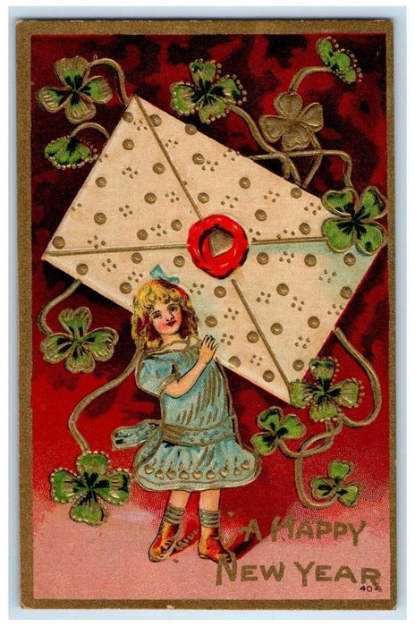 c1910's Happy New Year Gir Shamrock Envelop Embossed Unposted Antique Postcard